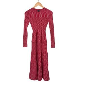 Scoop Ribbed Cotton Knit Midi Dress M Long Sleeve Fit and Flare Pink Space-Dye